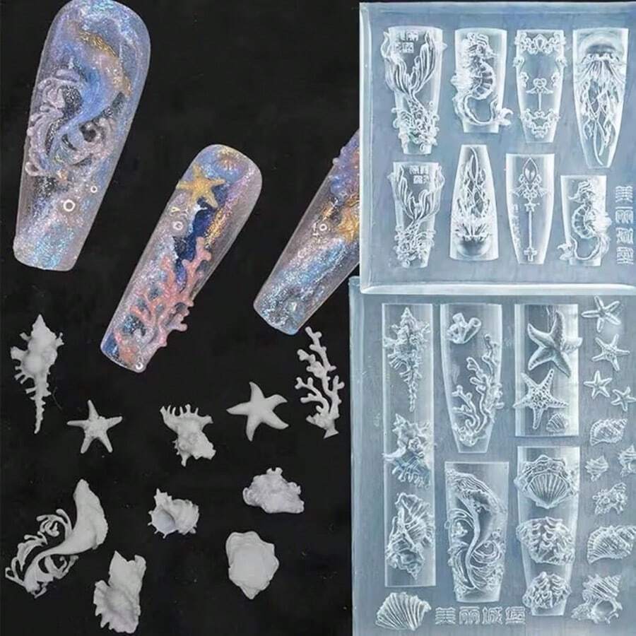 1pc Transparent Square Ocean Silicone Nail Art Mold, Seahorse Jellyfish Shell 3D Carved Template, Coral Starfish Wave Embossed Printing Mold, Summer Ice Transparent Gradient Long Pointed Wearable Nails, Korean Style Sea Salt Fresh Nail Shape, Ins Island Vacation Nail Art, Divided Layout Seahorse Shell Starfish Multiple Ocean Patterns, Lightweight And Flat Easy To Store, Suitable For Nail Art DIY Enthusiasts, Can Be Used As Holiday Gift - Multicolor - View 1