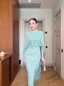 Old Money Taupe Capelet Maxi Dress, Crystal Neck Chiffon Cape Overlay Mermaid Gown With Side Slit For Formal Events & Modest Wear - Verde Niebla - Ver 9