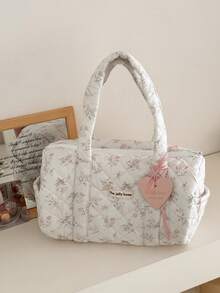 Cream White Ditsy Floral Cylinder Handbag, Large Capacity Compartment Organizer Bag For Mother & Baby Travel, Short Trips, Business Travel, Student And Mom, With Heart Pendant - Multicolor - View 4