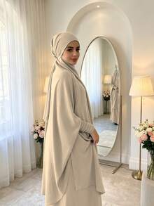 紋理縮褶彈性袖口 Khimar Abaya 兩件套，寬鬆大袖端莊 長洋裝，穆斯林女性休閒伊斯蘭禮拜服飾 - 彩色 - 查看 4