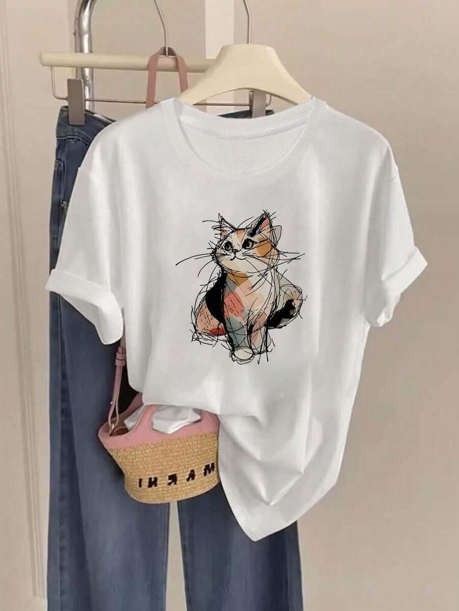 Minimalist. 100% Cotton. 1 Piece Crew Neck T-Shirt In 100% Cotton, With A Cute Cat Illustration Print. Elegant Solid-Color Fabric, Exclusive For Summer, Perfect For Casual Everyday Looks. Spring/Summer Top - 白色 - 查看 1