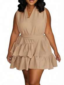 Vestido de Body con volantes y capas de unicolor sin mangas, elegante para el verano, talla grande - Albaricoque - Ver 1