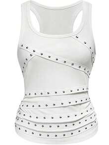 Womens Rivets Studded Halter Neck Plunge Cami Top Self-Tie Spaghetti Straps V-Neck Cut Out Front Crop Tank Top Camisole Vest Y2K Streetwear Party Tops - F208317-白色 - 查看 3