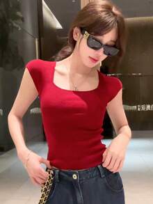 Y6Y Square Neck Short Sleeve Red T-Shirt Women's Summer High-End Fitted Cropped Slim Knit Top - Red - View 1