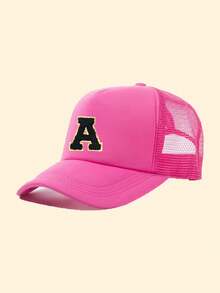 1pc Child's Pink 26 Letter Print Mesh Kids Cap,Girls Boys Unisex Baseball Sunvisor Hat, Suitable For Outdoor Activities And Daily Wear, Sun Protection - Hot Pink - View 2
