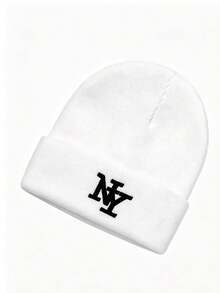 1pc Men's Geometric Pattern & Letter Casual Acrylic Embroidered Knit Hat, Suitable For Holidays And All Seasons Beanie Fall Outfit - Multicolor - View 8