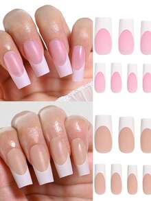 120Pcs Medium Long Square Press On Nails, 5 Strips Set - Sweet Style Simple French White False Nails, Multiple Colors & Designs To Choose - Multicolor - View 2