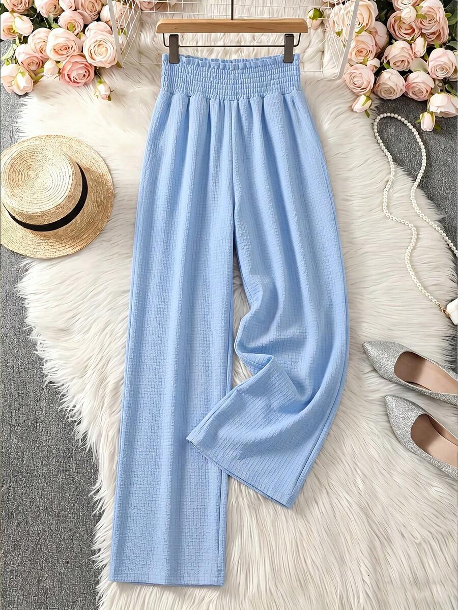 Women's Fashion Polyester Wide Leg Pants, Drawstring Waist Ruched Decor, Non-Stretch Fabric - Blue - View 1