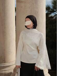 New Woven Fabric Lace Patchwork White Lace Scarf Long Sleeve Top, Suitable For Everyday Wear, Dates, Early Spring - White - View 2