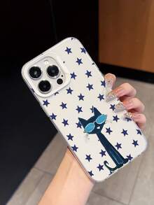 1pc Ins Style Black Cat With Fashion Glasses & Stars Transparent Shockproof Phone Case, Full Coverage Soft Shell, Niche Quirky Cool Protective Cover, Perfect Gift Choice, Compatible With Apple IPhone17/17Pro/17ProMax/16/11/16Plus/16ProMax/16e/15ProMax/13/14/12/14ProMax/12ProMax/13ProMax/12Pro/13Pro/14Pro - White Frames, Translucent White - View 2