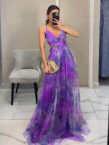 Lightweight Printed Tulle Strappy Dress For Spring And Summer - 紫色 - 查看 5