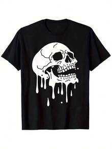 Unisex T-shirt i ren bomull, svart T-shirt med dödskalletryck, gotisk grafisk tee, avslappnad streetwear-modetopp, djärvt uttryckande tröja, mjuk T-shirt, tryckt blus för sommarfest, grafisk tee, lätt, avslappnad passform, smidig textur. Vuxen casual-modetopp för alla årstider, sommar-t-shirt, blus, basplagg, toppar, kreativ design, utomhuslek, cool stil, rolig design, perfekt för utomhuslek. - Svart - Visa 1