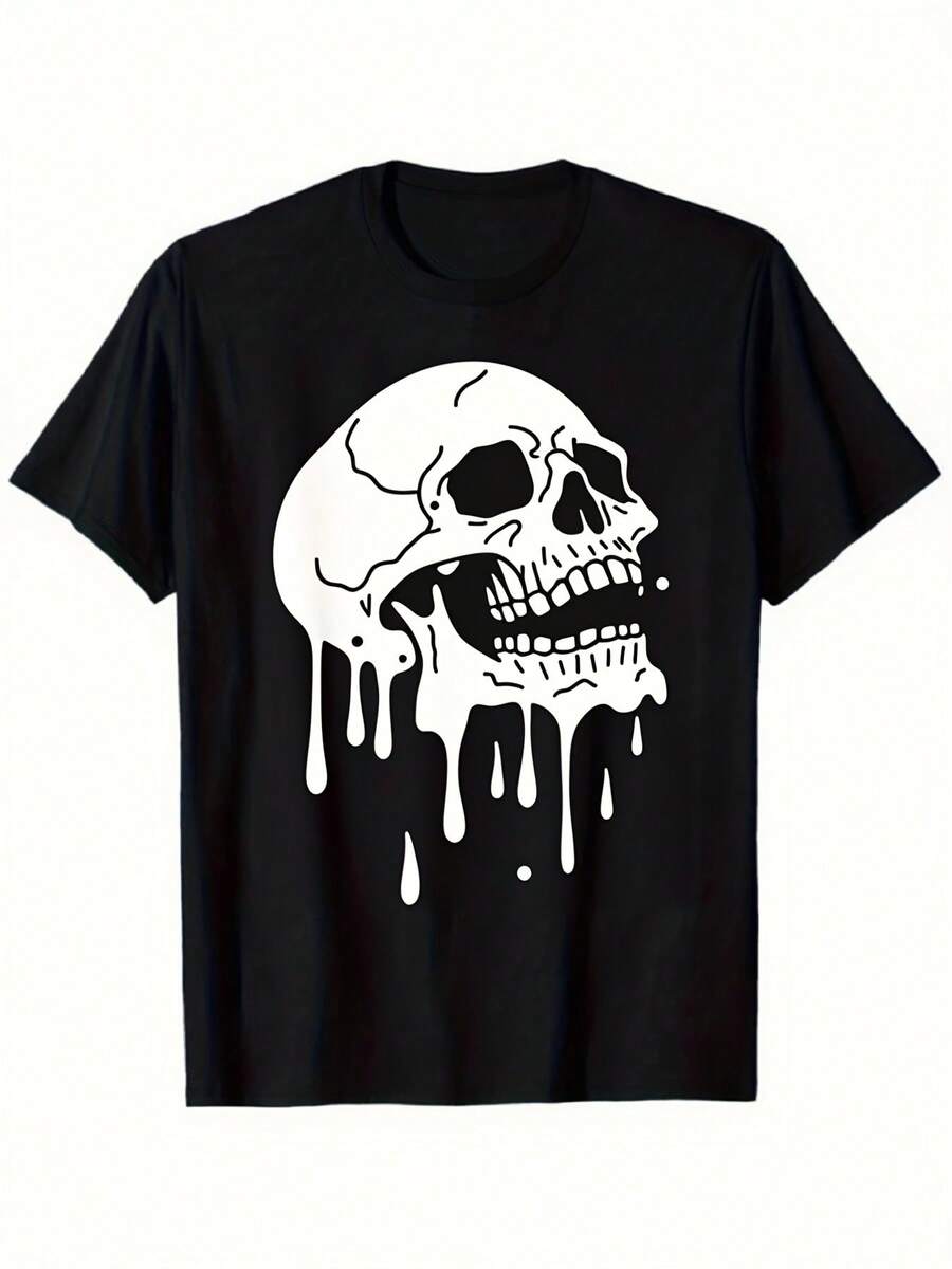 Unisex T-shirt i ren bomull, svart T-shirt med dödskalletryck, gotisk grafisk tee, avslappnad streetwear-modetopp, djärvt uttryckande tröja, mjuk T-shirt, tryckt blus för sommarfest, grafisk tee, lätt, avslappnad passform, smidig textur. Vuxen casual-modetopp för alla årstider, sommar-t-shirt, blus, basplagg, toppar, kreativ design, utomhuslek, cool stil, rolig design, perfekt för utomhuslek. - Svart - Visa 1