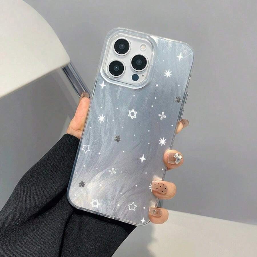 1 pieza Funda de teléfono con protección de lente de textura de pluma y degradado, con diseño minimalista de estrella, flor y puntos, apta para iPhone 16 Pro Max, 17/16/15/14 Plus, 13/12/11, Air, Series - Grandes penas - Visão 1
