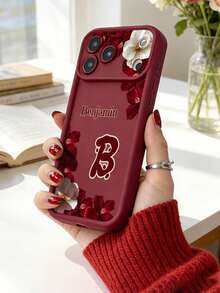 1pc Customized Letter Text, Hibiscus And White Flower Pattern TPU Thickened Shockproof Protective Phone Case Compatible With Apple 17ProMax/16 Pro Max/15Pro/14 Plus/13 Pro/12 Pro Max/11/XsMax/8/7 Phone Accessories Protective Case - Burgundy - View 5