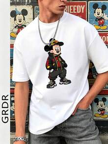 Men's Crew Neck Short Sleeve T-Shirt, Official Disney Hip-Hop Street Style Mickey Mouse Graphic Tee, Loose Fit Casual Top, Urban Fashion Mickey In Black Jacket Print, Modern Urban Mickey With Cap And Sneakers Graphic Shirt, Fashion Dressed-Up Mickey Casual Top, For Disney Fans, Streetwear Enthusiasts, Collectors, Everyday Wear, Hangouts, Casual Events & Daily Outfits - White - View 1