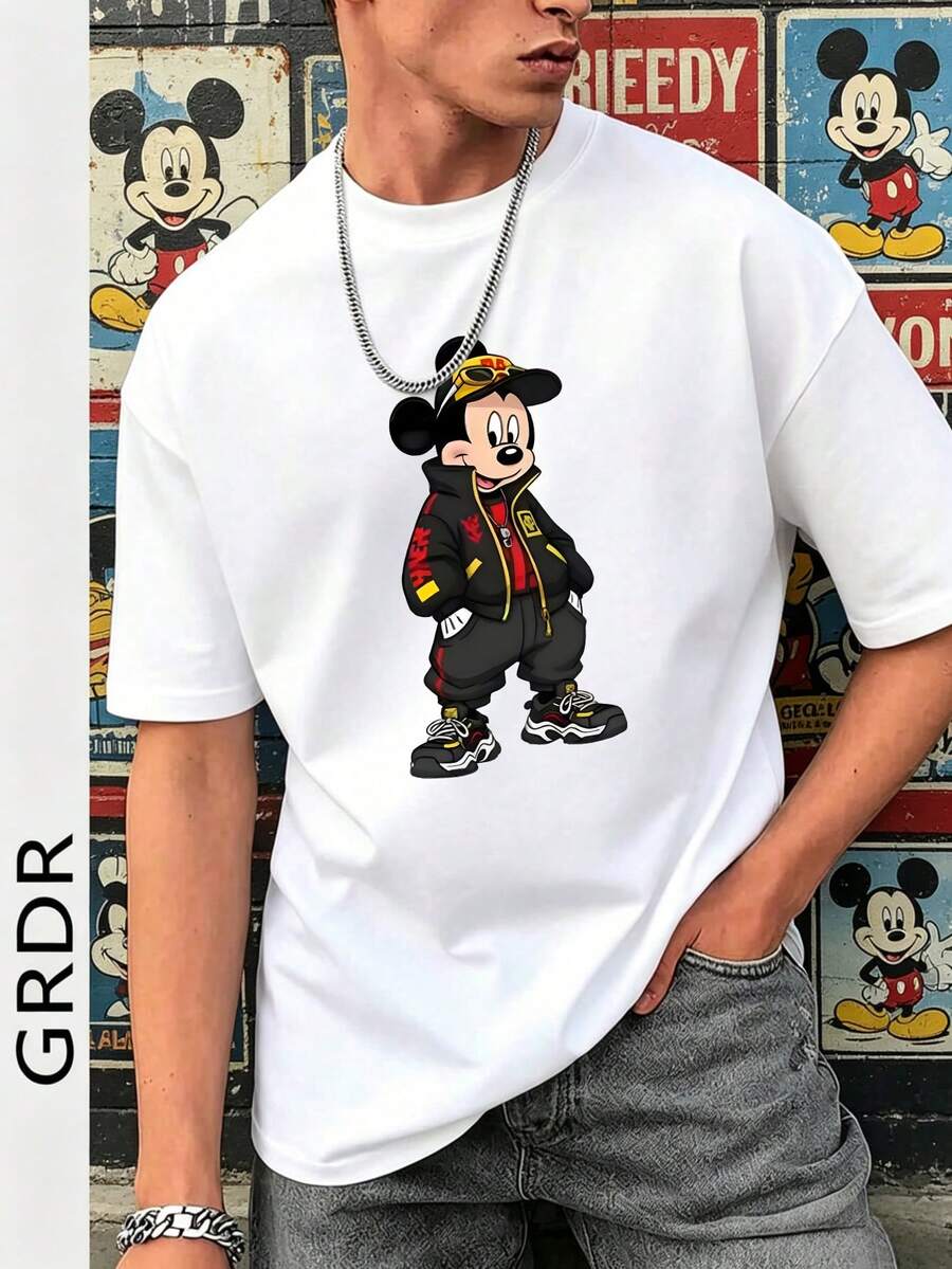 Men's Crew Neck Short Sleeve T-Shirt, Official Disney Hip-Hop Street Style Mickey Mouse Graphic Tee, Loose Fit Casual Top, Urban Fashion Mickey In Black Jacket Print, Modern Urban Mickey With Cap And Sneakers Graphic Shirt, Fashion Dressed-Up Mickey Casual Top, For Disney Fans, Streetwear Enthusiasts, Collectors, Everyday Wear, Hangouts, Casual Events & Daily Outfits - White - View 1