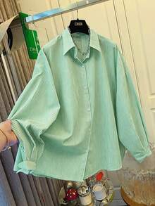 Women's Blue & White Striped Shirt, Loose Fit, Tie Back Design, Suitable For Commuting, Casual Wear, Beach, Vacation - Green - View 2