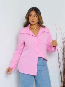 Women's Long-Sleeved Plain Dress Shirt With Buttons Down The Front - Pink - View 2