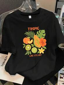 Top de mujer de manga corta y cuello redondo con multitud de estampados de frutas tropicales, hojas y flores, apto para todas las estaciones. - Negro - Ver 1