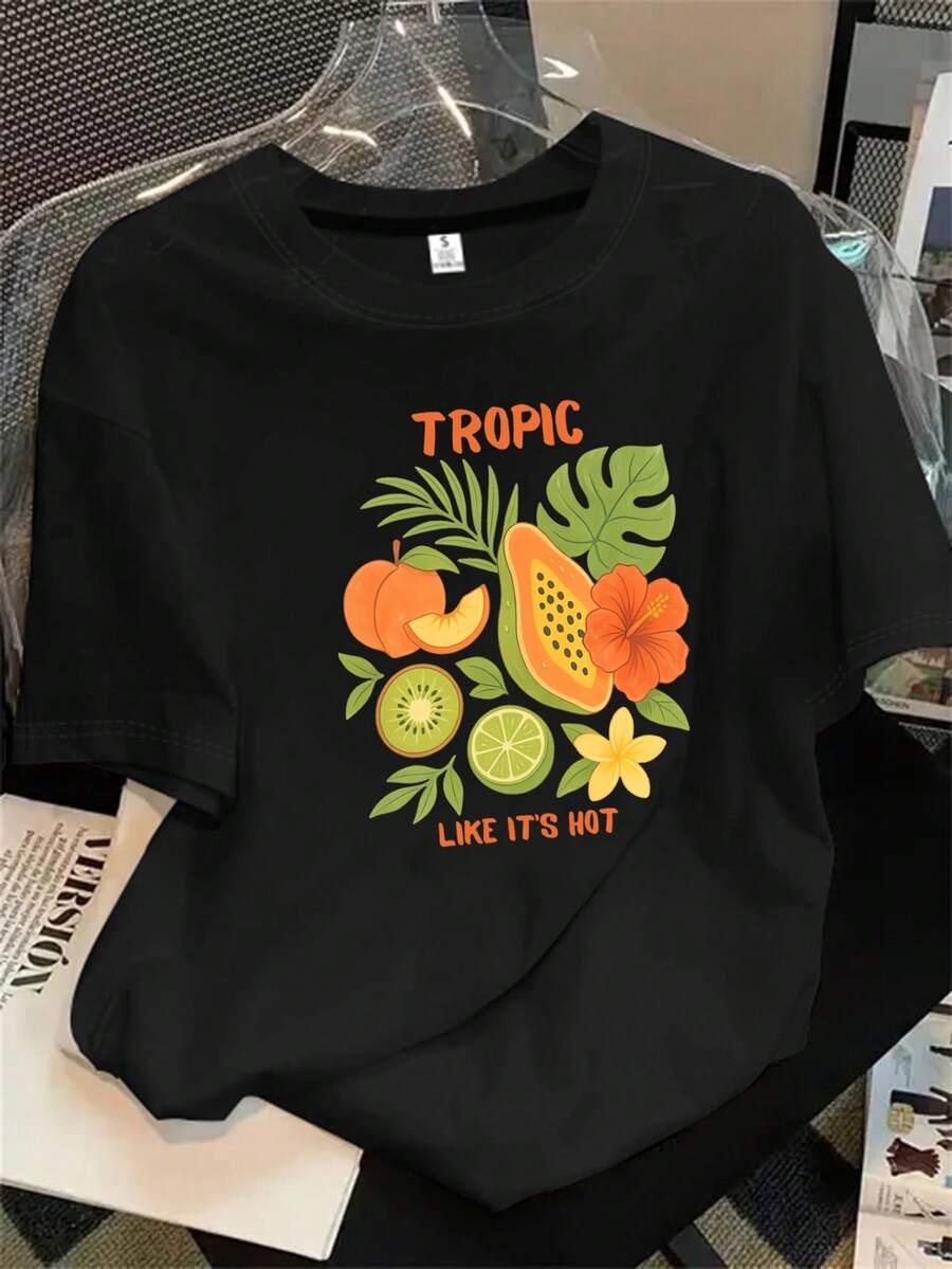 Top de mujer de manga corta y cuello redondo con multitud de estampados de frutas tropicales, hojas y flores, apto para todas las estaciones. - Negro - Ver 1