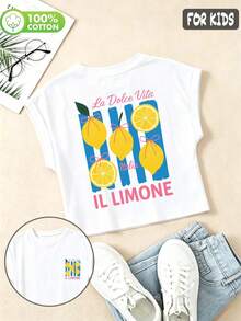 Girls' Summer Casual T-Shirt, Lemon Pattern Short Length Rolled Hem Sleeve, Sweet Comfortable Draping Breathable Short Sleeve - White - View 5