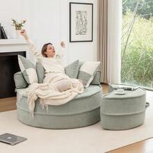 Round Beige Sofa With 5 Cushions And Pouf, Ideal For The Living Room And Bedroom. - Mint Green - View 9