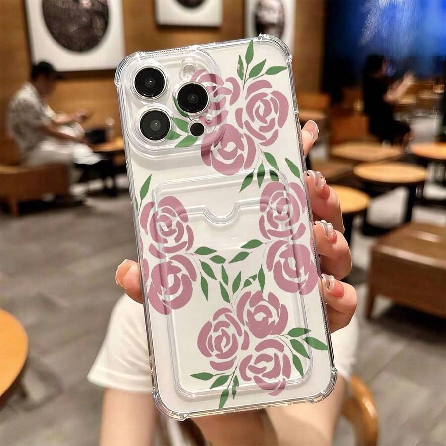 1 unidad Estampado floral de rosas rosadas Funda para GALAXY S25 EDGE, protección anticaída con airbag reforzado en las cuatro esquinas, tarjetero invisible integrado en la parte trasera, compatible para tarjeta personal, carnet de conducir, tarjeta de acceso y tarjeta de transporte, funda protectora antigolpes portátil con ranura para tarjetas, diseño sencillo y elegante, ideal para uso diario, desplazamientos y viajes - transparente (transparente) - Ver 1
