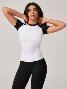 NcmRyu 1 pieza Camiseta deportiva de manga corta y ajustada de unicolor para , de verano - Blanco y Negro - Ver 4