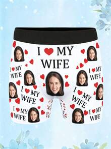 男士客製化印花四角內褲，印有妻子照片與「I LOVE MY WIFE」字樣及紅心圖案，皇家藍色，柔軟透氣材質 - 白色 - 查看 4