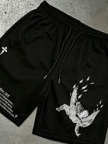 1 PCS "Fallen Angel" Gothic Faith Inspired Graphic Shorts, Religious Scripture & Angel Wing Themed Design, Breathable Quick Dry Fabric, Elastic Waistband With Drawstring, Loose Fit Casual Athletic Bottoms, Suitable For Men, Women & Teens, Ideal For Sports, Gym Workouts, Streetwear Outings, Summer Hangouts, Perfect For Fans Of Gothic Streetwear, Dark Aesthetic & Edgy Spiritual Style, Great Gift For Enthusiasts Of Statement & Alternative Inspired Fashion - 黑色 - 查看 2