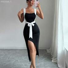 MewMuse.  Vestido minimalista asimétrico y ajustado con lazo para mujer, primavera/verano - Burdeos - Ver 2