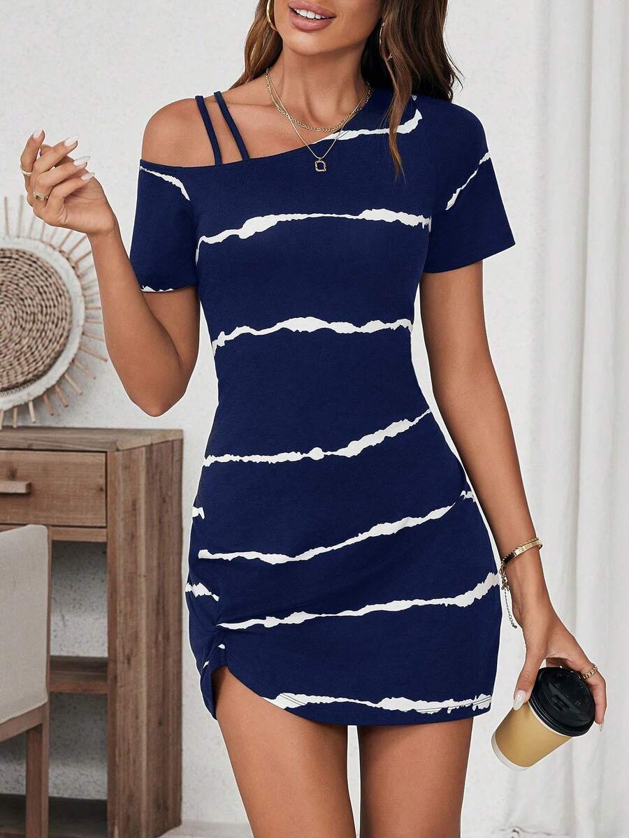 Vestido casual asimétrico con cuello retorcido y fruncido para mujeres - Azul marino - Ver 1
