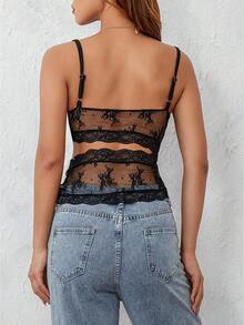 Camisetas de tirantes de encaje para mujer con escote pronunciado, sin mangas y sin espalda, estilo verano, ajustadas, estilo streetwear. - Negro - Ver 9