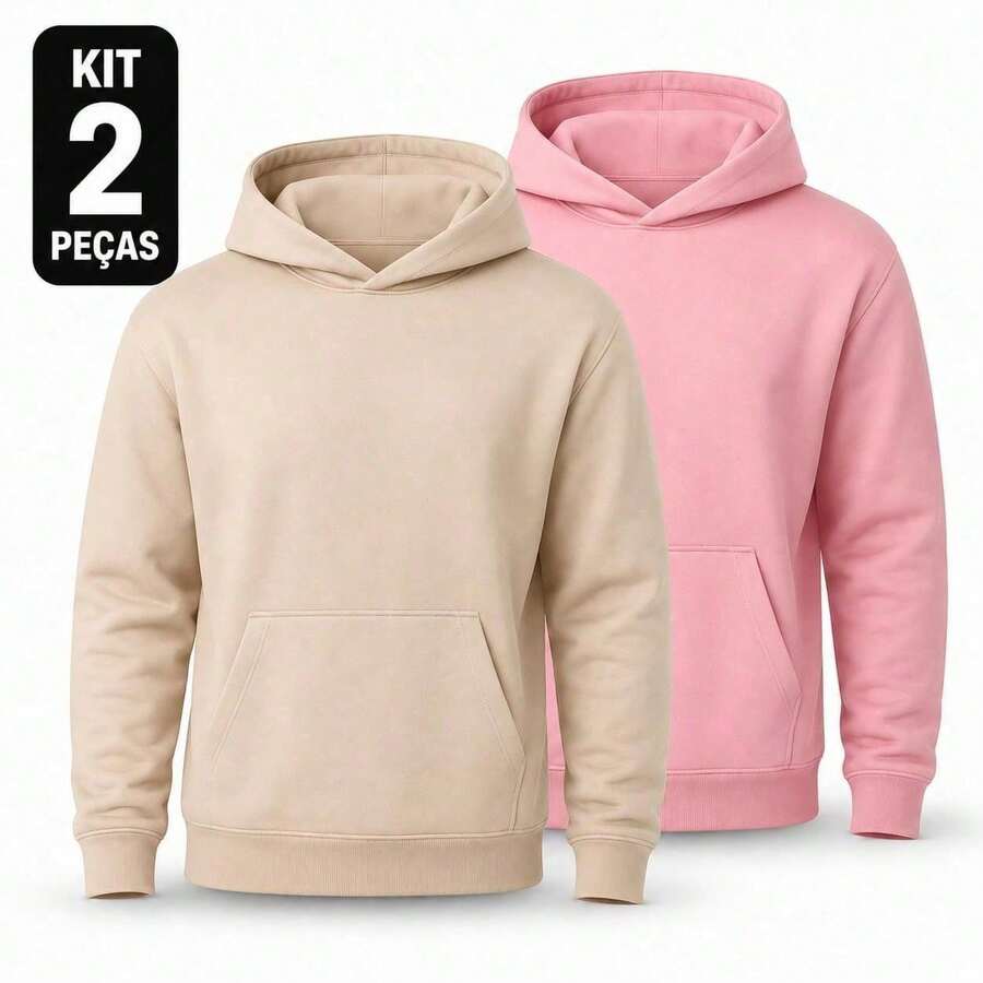 Set Of 2 Plain Kangaroo Jackets, Unisex, Comfortable Basic Winter Warmth - Beige + Pink - View 1