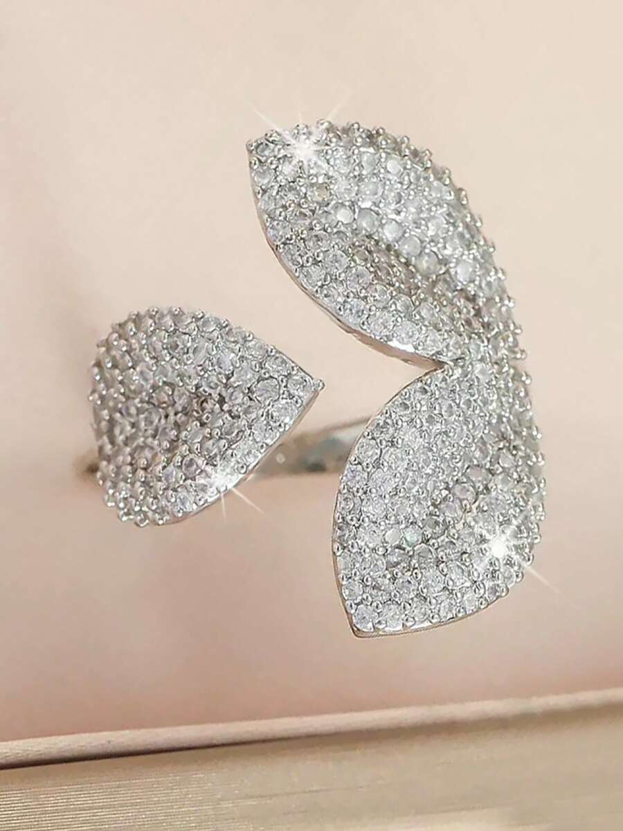 1pc Casual Leaf Ladies' Openable Rings Elegant Cubic Zirconia Exquisite Decoration Ring For Women Birthday Anniversary Banquet, Prom, Party Copper Jewelry Gift - Silver - View 1