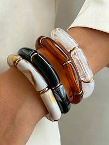 4pcs/Set Vintage Minimalist Elegant Resin Acrylic Brown Elastic Bracelet Set For Women, Suitable For Daily, Party, Valentine's Day, Dating, Holiday Gift, Stackable, 2026 New Arrival - Multicolor - View 13