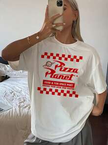 Women's Retro Space Diner Graphic Tee With A Relaxed Fit, Featuring A Planet And Pizza Print. A Stylish Casual Tee For Foodies And Sci-Fi Lovers. A Mix Of... - 白色 - 查看 1