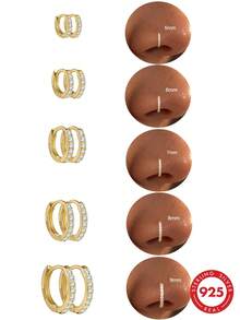 2pcs/Set 925 Sterling Silver Zirconia Nose Rings, 5-9mm Multiple Sizes Hypoallergenic Nose Piercing Septum Rings And Earrings, Classic Women's Jewelry, Suitable For Daily Wear, Date, Beach, Party, Vacation, Holiday Gift - Gold - View 3