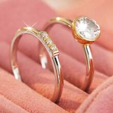 Minimalist Dual-Tone Stackable 2-Piece Ring Set, Bezel-Set Round Cubic Zirconia, Elegant And Versatile, Suitable For Daily Wear And Engagement Accessory - Silver - View 2