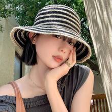 Women's UPF 50+ Striped Straw Bucket Hat, Frayed Edge Wide Brim UV Protection Sun Hat For Beach, Travel, And Outdoor Activities - 黑色 - 查看 3