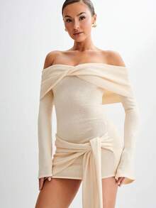 Semi-Sheer Fitted Off-The-Shoulder Knit Dress - Apricot - View 6