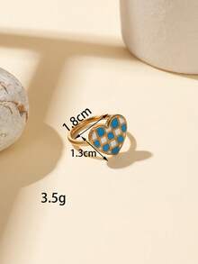 1/10pcs Bohemian Style Blue Drip Glaze Ring Set, Vintage Gold Heart Checkerboard Flower Design Stackable Knuckle Rings, Open Ring Adjustable Size, Niche Women's Jewelry, Versatile Accessory For Daily & Party Wear, Can Be Purchased Individually. - Yellow Gold - View 3