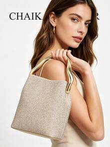 Rhinestone Embellished Mini Bucket Bag With Irregular Gold Handle, Sparkling Glitter Evening Handbag Clutch Purse For Party Wedding Prom Daily Outfit - Gold - View 3