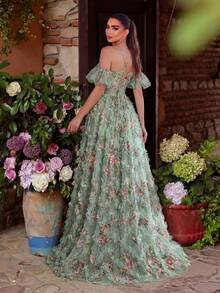 Faeriesty Elegant Women's Floral Print Dress With Mesh Spaghetti Straps, Puff Sleeves And Slit Design Vacation Wedding Party Fall - Green - View 2