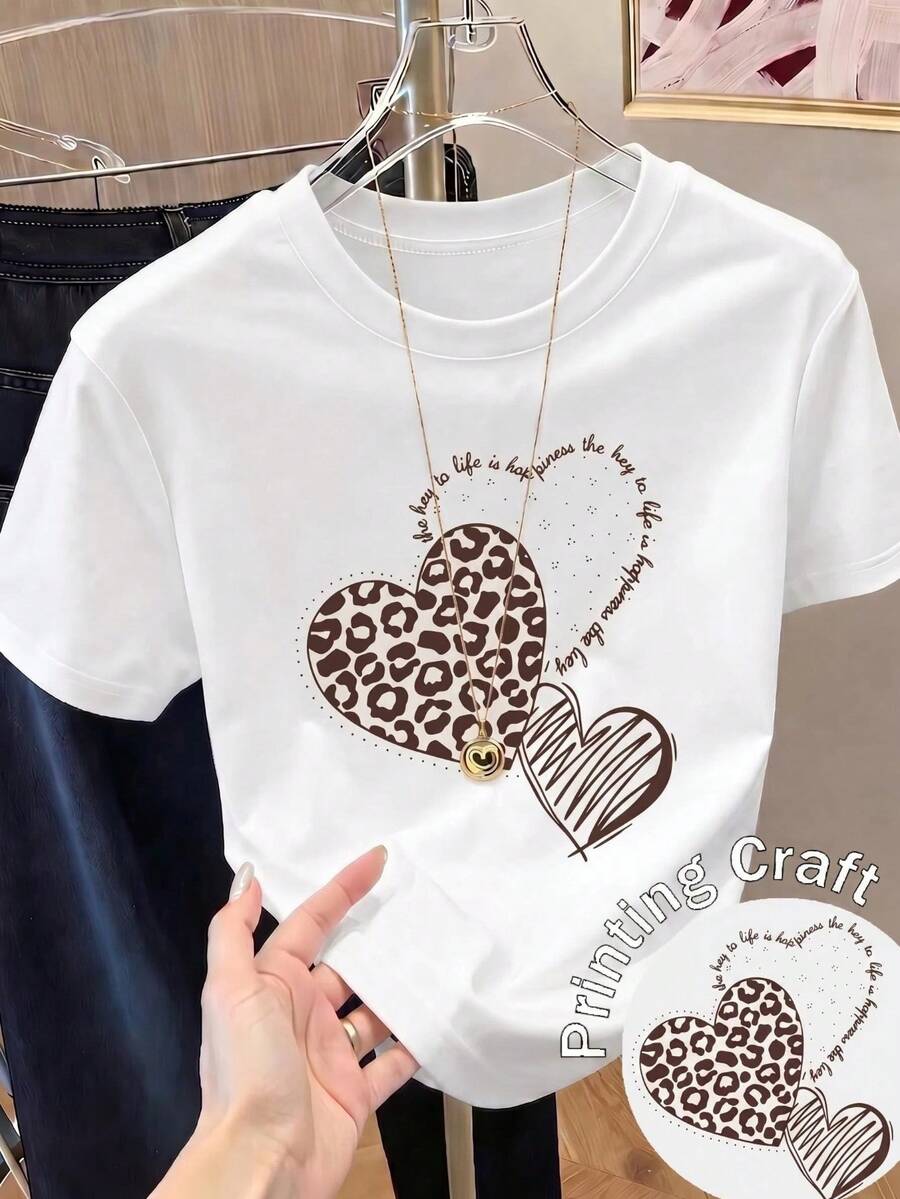 Women's Short-Sleeved T-Shirt With Heart Print, Spring Clothing, Holiday Outfit, White For Summer, Beach Look, Vacation Style, Country Style, Women's Office Outfit. - 白色 - 查看 1