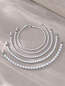 Multi-Size Full Zirconia Tennis Bracelet, Light Luxury Hip-Hop Style, Gold-Based, Featuring "Dense Zirconia Inlay + Tennis Chain Structure" Design, Combining Hip-Hop Sparkle With Light Luxury Jewelry's Exquisite Texture. Suitable For Mature Styles, Ideal For Daily Outings, Outfits, Light Parties And More - Silver - View 1