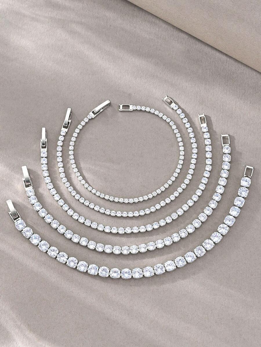 Multi-Size Full Zirconia Tennis Bracelet, Light Luxury Hip-Hop Style, Gold-Based, Featuring "Dense Zirconia Inlay + Tennis Chain Structure" Design, Combining Hip-Hop Sparkle With Light Luxury Jewelry's Exquisite Texture. Suitable For Mature Styles, Ideal For Daily Outings, Outfits, Light Parties And More - Silver - View 1