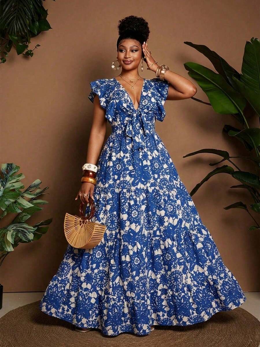 Clasi Vestido de manga corta con cuello en V y estampado de bloques de color para tallas grandes - Azul y blanco - Ver 1