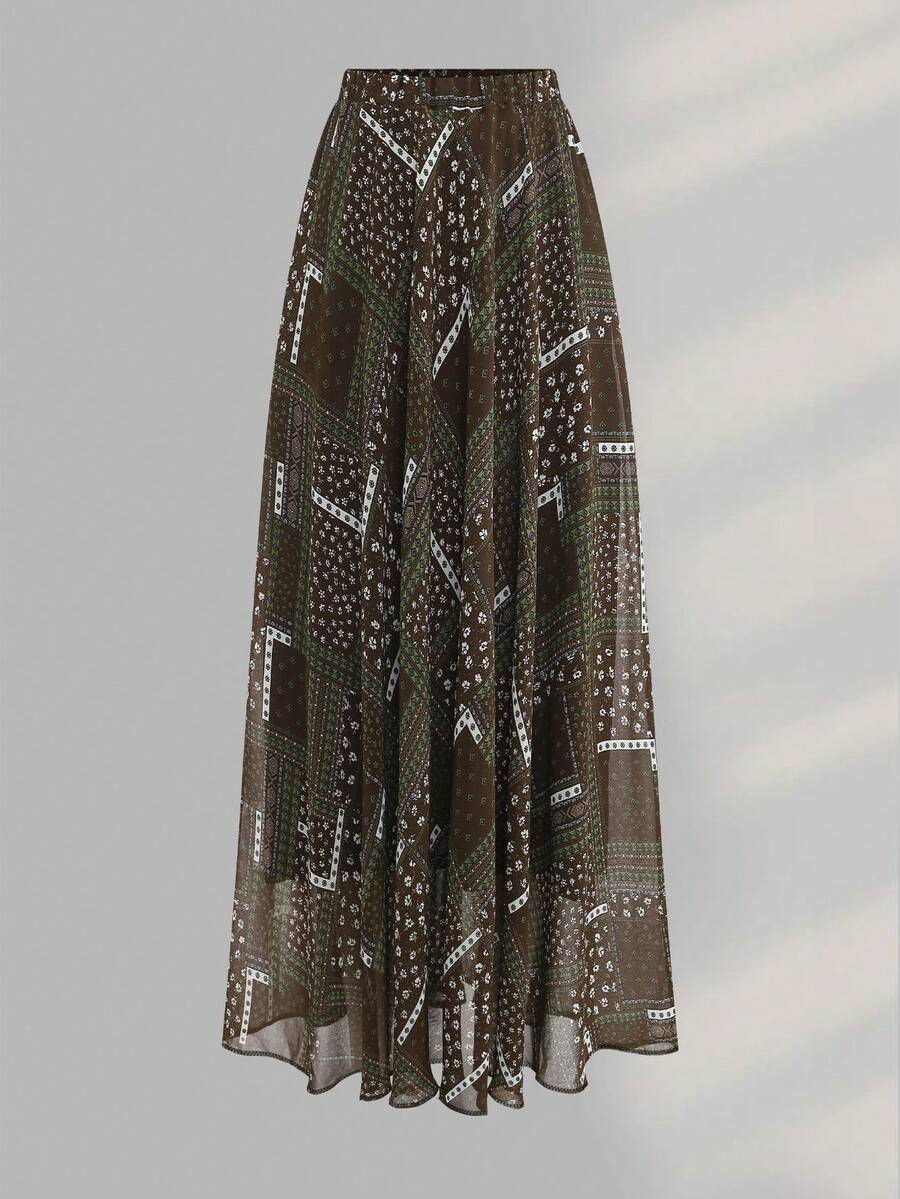 Rok Panjang Jacquard Wanita, Pinggang Elastis, Model A-Line Elegan, Motif Bunga Kecil, Melangsingkan, Cocok untuk Liburan, Kencan, dan Perjalanan Musim Semi - Kain tambal sulam berwarna cokelat tua - View 1